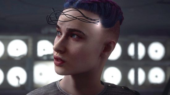 Atomic Heart system requirements: character with short blue hair and wires coming out of forehead