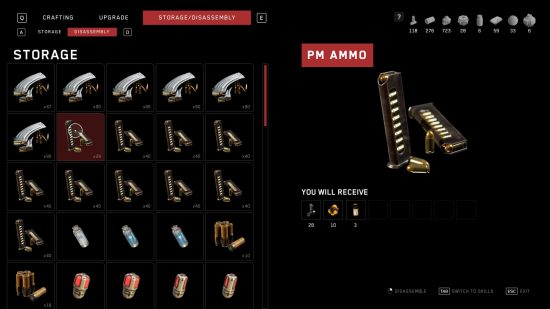Atomic Heart tips: The disassembly menu, with pistol ammo selected showing the crafting materials you can receive by breaking them down.