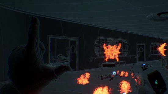 Atomic Heart tips: The interior of a lab in Facility 3826 as shown through the scanner, which highlights enemies and loot scattered throughout the building.