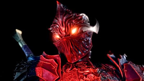 Baldur's Gate 3 digital deluxe - a figure in full armour with glowing eyes, lit in red