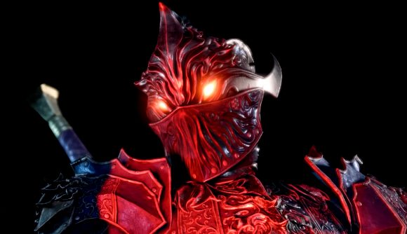 Baldur's Gate 3 digital deluxe - a figure in full armour with glowing eyes, lit in red