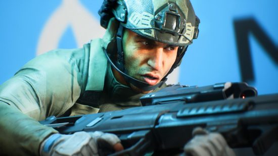Battlefield update 3.2.1 patch notes tracer dart gun nerf: Zain wears a military helmet with an optic attachment mount while hefting an assault rifle