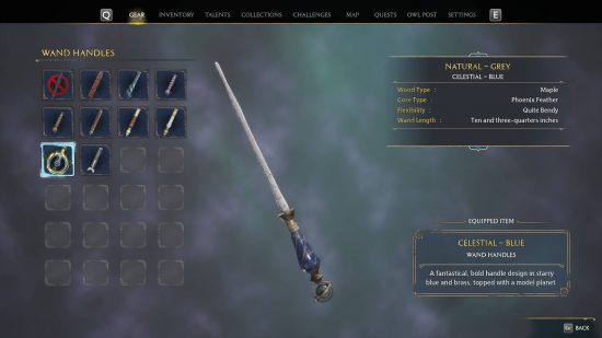 Best Hogwarts Legacy wands - a small selection of the available Hogwarts Legacy wand handles. The currently selected one is Celestial - Blue.