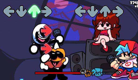 Best io games: Friday Night Funkin'. Image shows a rap battle between two strange creatures and the game's protagonist. The Girlfriend characters sits in the middle.