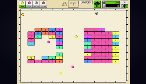 Best Opera GX games: Idle Breakout. Image shows various numbered tiles with balls bouncing all around them.