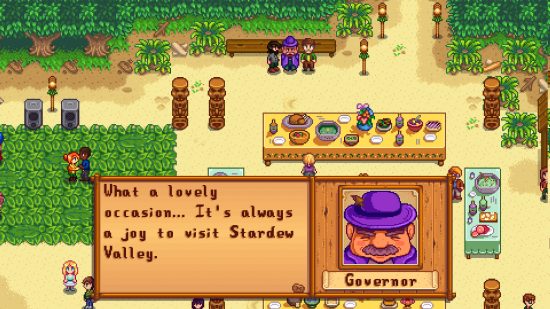 Best PC games - Stardew Valley: The Governor explaining how much he likes visiting Stardew Valley