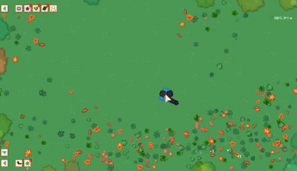 Best relaxing games: Leaf Blower Revolution. Image shows a character in a field, blowing leaves away with a leaf blower.