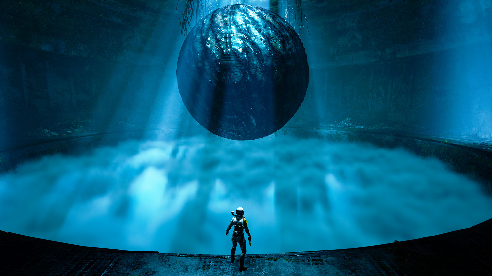 Returnal's Optimal Setting: The game's protagonist, Selene, is in awe of a floating black sphere.