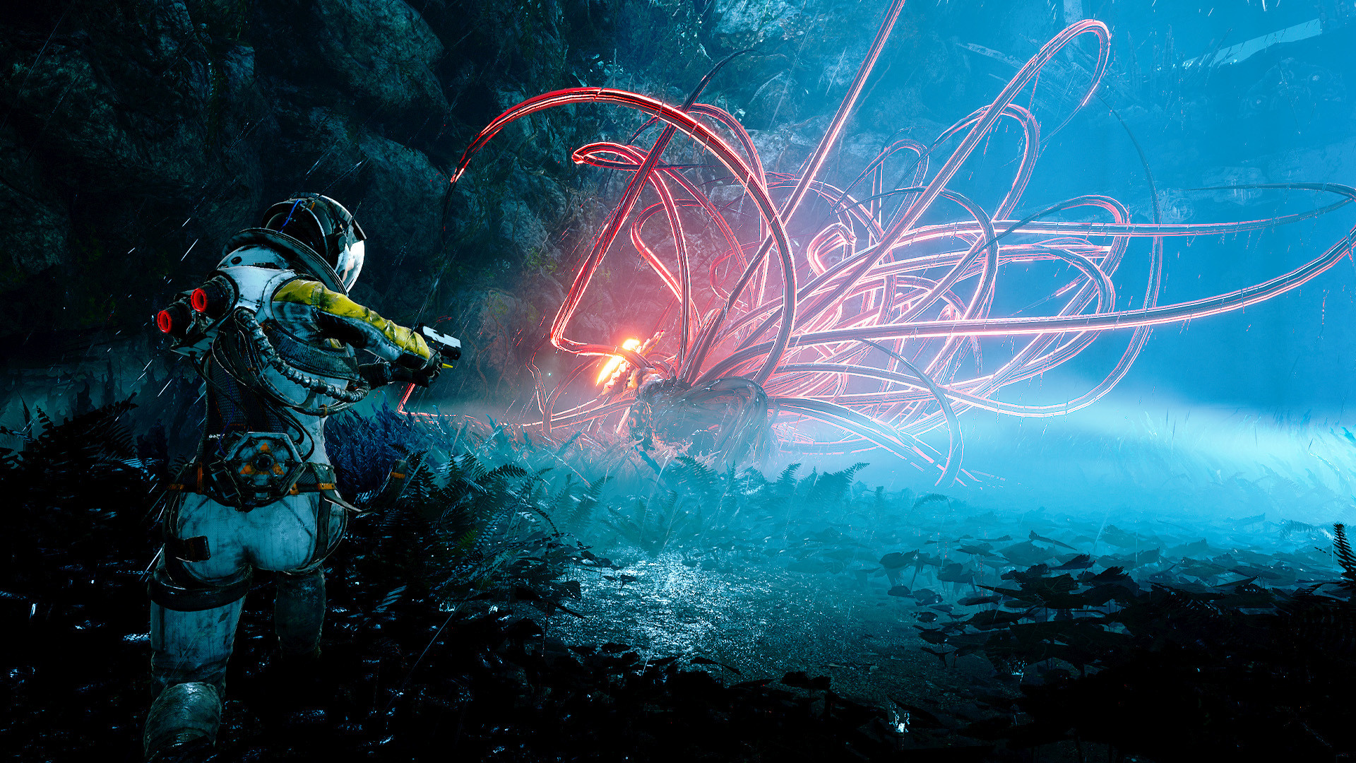 Best Returnal settings: A many tentacled monster prepares to pounce on the game's protagonist (left)