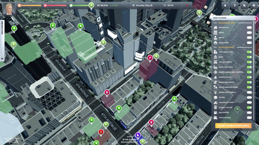 Big Ambitions: An overhead of a city building game