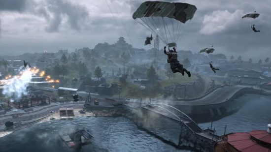 Call of Duty Warzone 2 Resurgence Map sub pen: Soldiers parachute onto a small island in the Pacific that's shrouded in light fog, as helicopters fire missiles that trail white smoke