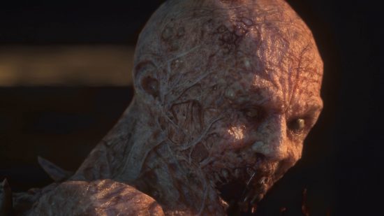 Callisto Protocol hardcore mode update: A hairless, apparently skinless humanoid creature looks over its shoulder, exposing a toothy hole where its mouth should be