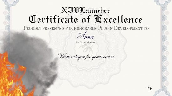 A certificate of excellence from FFXIV Launcher credited to 'Anna'