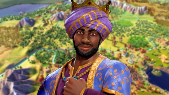 Civilization 6 DLC Rulers of the Sahara - Sundiata Keita, a bearded man in a purple and gold robe and headwear