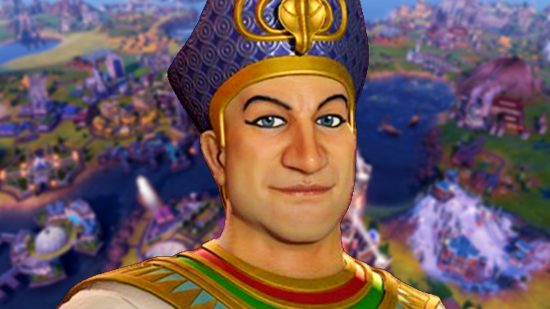 Civilization 6 Anthology sale - Ramses II, a wide-jawed figure, stands before a sprawling city across a large inlet