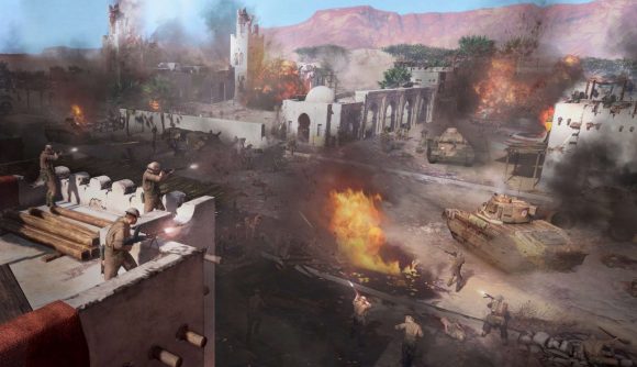 Units raining fire down from rooftops in Africa in Company of Heroes 3