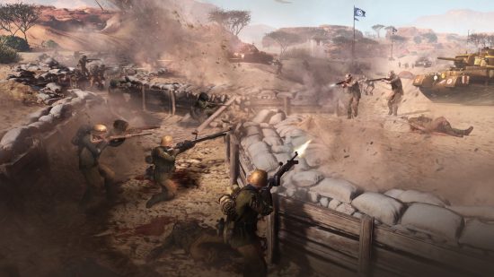 Company of Heroes 3 Afrikakorps - German soldiers in gold helmets and green camo coats fire machine guns from a trench at Allied troops approaching in the desert, supported by a tank