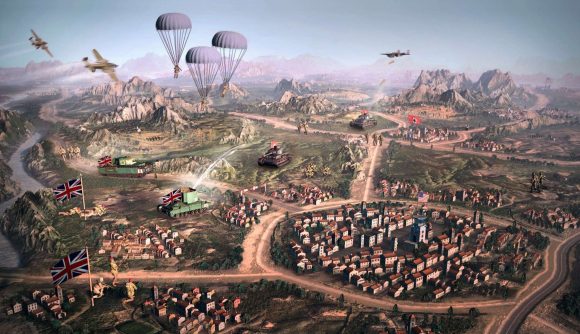 An overview of Company of Heroes 3's campaign map, with troops parachuting in