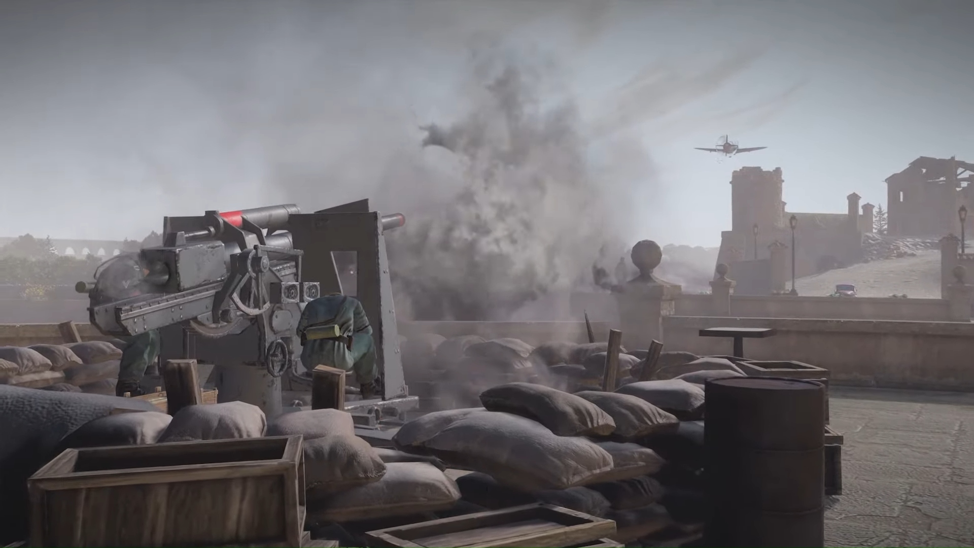 Company of Heroes 3 trailer screenshot showing a recently fired cannon.