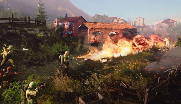 A flamethrower unit lights up the scenery in Company of Heroes 3
