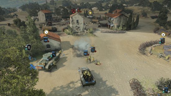 Company of Heroes 3 review: Tanks attacking a sandy village in a game