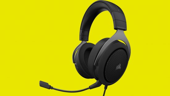 The Corsair H60 Haptic gaming headet against a yellow background
