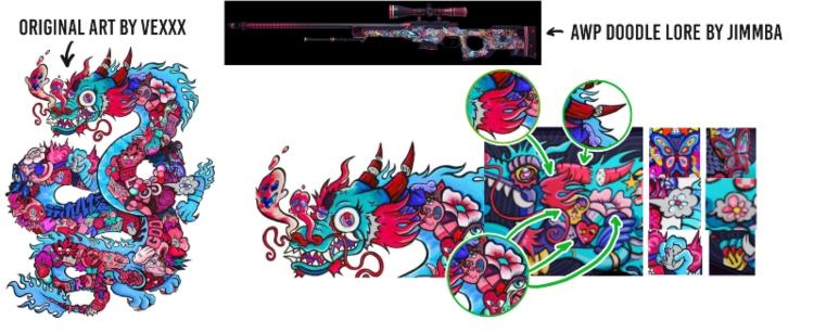CSGO skins removed by Valve after alleged copyright infringement: An image comparing dragon artwork with a CSGO skin for the AWP rifle