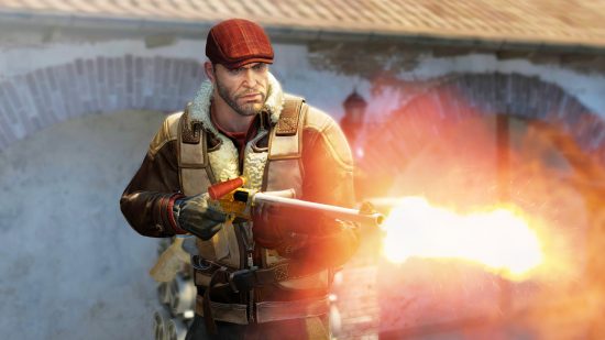 CSGO skins removed by Valve after alleged copyright infringement: A soldier in a red flat cap firing a machine gun in Steam FPS game CSGO