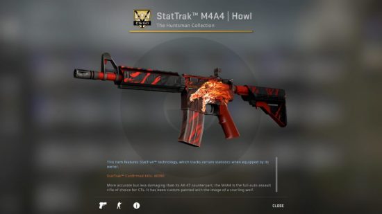 CSGO skins worth $700,000 hacked and stolen, as FPS surges on Steam: A CSGO skin, the M4 Howl, with red, black, and orange detailing