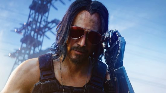Cyberpunk 2077 mods - Johnny Silverhand, a long-haired man with red sunglasses and a metallic arm, portrayed by Keanu Reeves