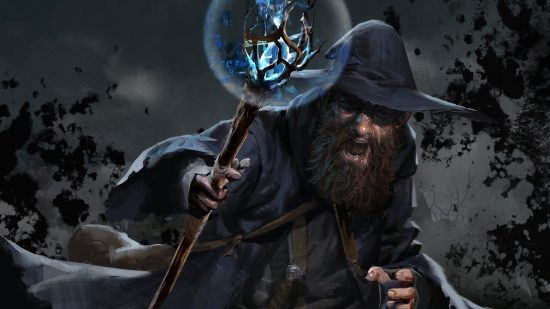 Dark and Darker classes: A male wizard yells in the face of danger, as he wields his magical staff, with emits a blue glow