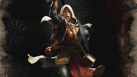 Dark and Darker classes: The Dark and Darker cleric's mouth is open as they yell, a book of spells hangs from a strap by their side