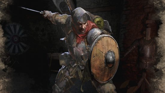 Классы Dark и Darker: воин Dark и Darker держит перед собой щит, поднимая меч для боя.