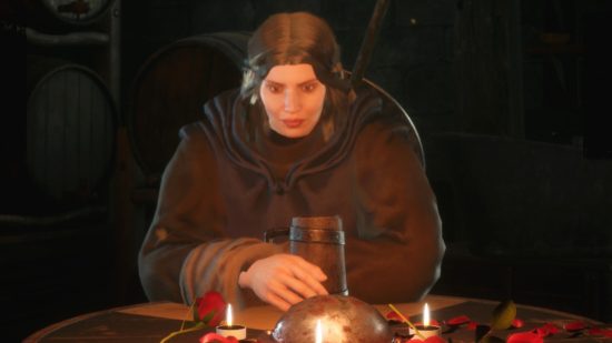 暗くて暗いリリース日：女性の聖職者がロビーテーブルに座って、彼女の前のエールのタンカーであるダンジョンに入るのを待っています