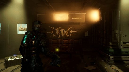 Dead Space Schematic Locations: Isaac Clarke stands at the entrance to the Ishimura Clinic in front of a row of waiting room benches bearing a chart, the wall behind them decorated with graffiti that reads, 