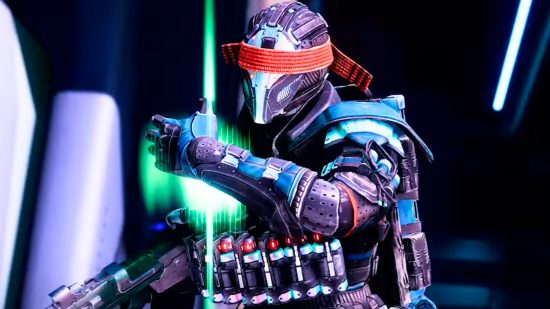 Destiny 2 Lightfall - a figure in a blindfold holding glowing green 'Strand' energy