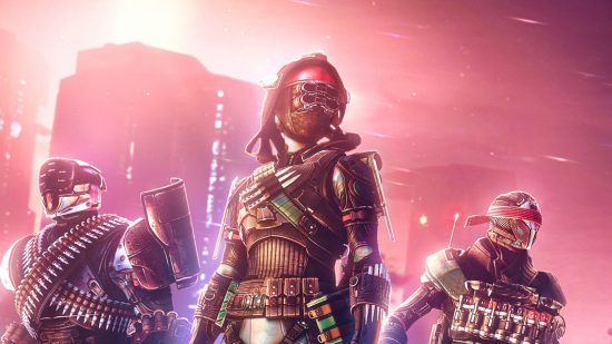 Here's the very best deal to buy Destiny 2 Lightfall on PC: three people in space armour with a pink sky and tall buildings behind them