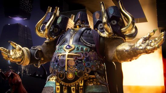 Destiny 2 Lightfall Guardian Ranks – Calus, eine große Gestalt in verzierter goldener und violetter Rüstung, breitet seine Arme weit aus