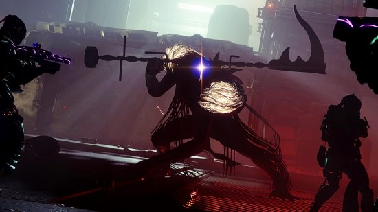 Destiny 2 Tormentors - a giant figure holding a large scythe across its shoulders, a sharp glow coming from its eyes