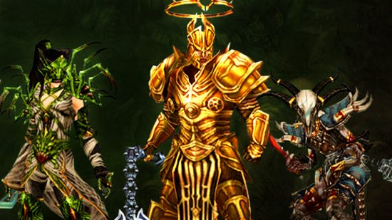 Diablo 3 season 28 - three characters (a demon hunter, crusader, and witch doctor) wearing seasonal armour in the Blizzard RPG