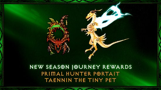 Diablo 3 season 28 - graaphic showing the new Primal Hunter Portrait and Taennin the Tiny Pet