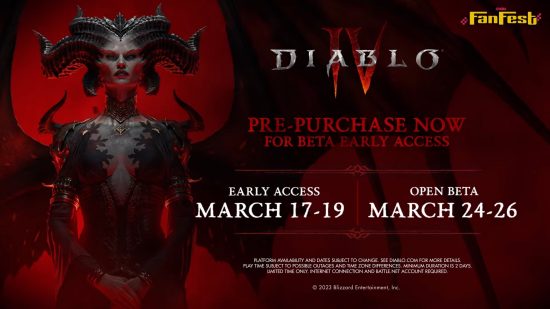Diablo 4 beta infographic showing early access March 17-19 and open beta March 24-26