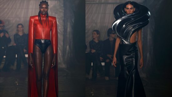A black man and woman in stylish vegan leather clothing on a runway