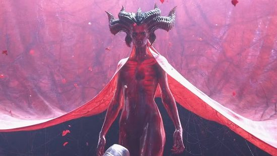 Diablo 4 won't have huge damage numbers, praise Lilith: A tall horned woman with transparent red skin wearing a long fleshy red cape stands on a red background as petals fall from the skies around her