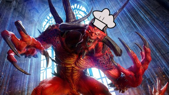 New Diablo cookbook lets you make IRL health potions: A huge red demon with sharp claws and horns roars into the camera framed by an old church wearing a cartoon chef's hat