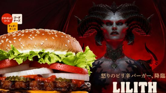 A Japanese Burger King promotion showing Lilith from Diablo 4 next to a large burger