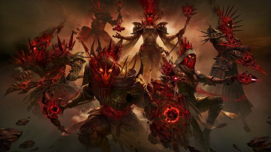 Diablo Immortal update 1.7.3: The Void Beyond cosmetic set is shown on Diablo heroes, each piece crumbling into reddish meteorites around a dark orb that radiates energy