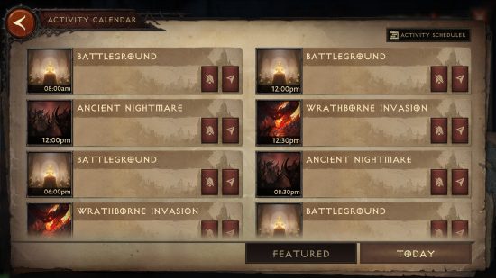 Diablo Immortal update - screenshot of the new activity calendar, with various events listed out