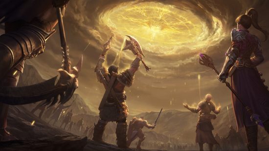 Diablo Immortal update - several characters look up at a golden disc spreading across the clouds