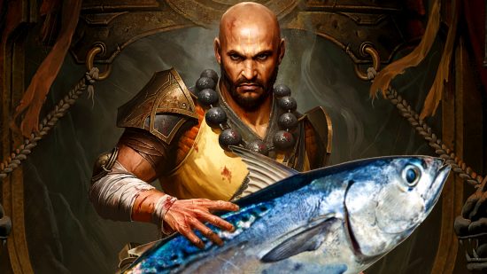 Diablo Immortal update Feb 22 - a Monk holds a large fish in his hands
